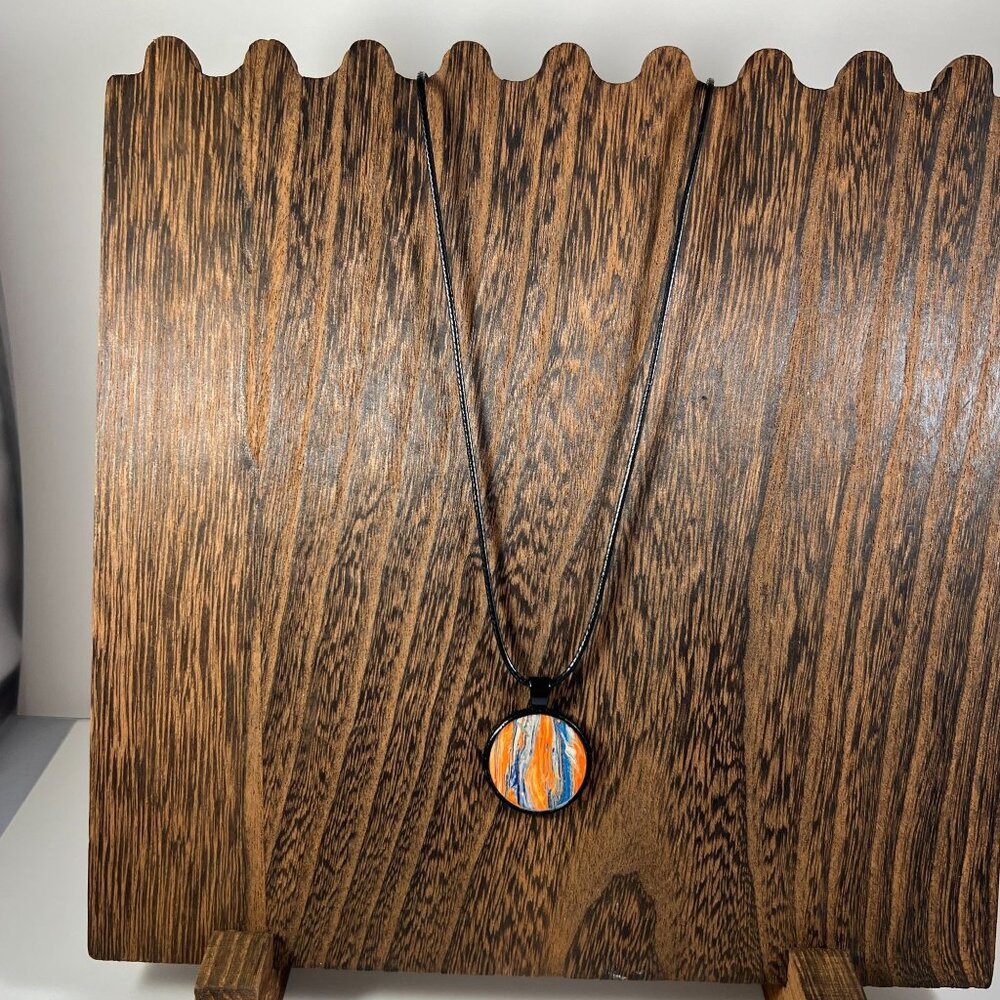 Acrylic Pour Pendant Necklace Oval Abstract Orange & Blue Unique